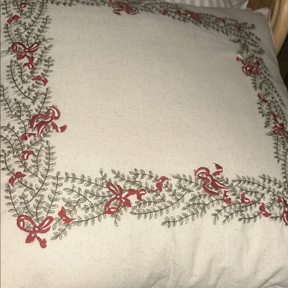 Studio McGee 24” x 24” Green Embroidery with Red Bows Linen Blend Pillow